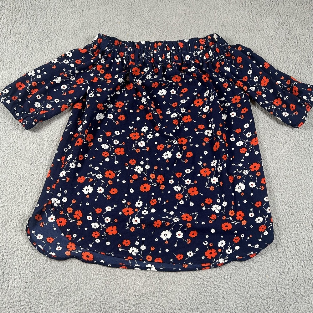 MICHAEL Michael Kors Blouse Womens Medium Navy Floral Off Shoulder 3/4 Sleeve - Picture 1 of 16